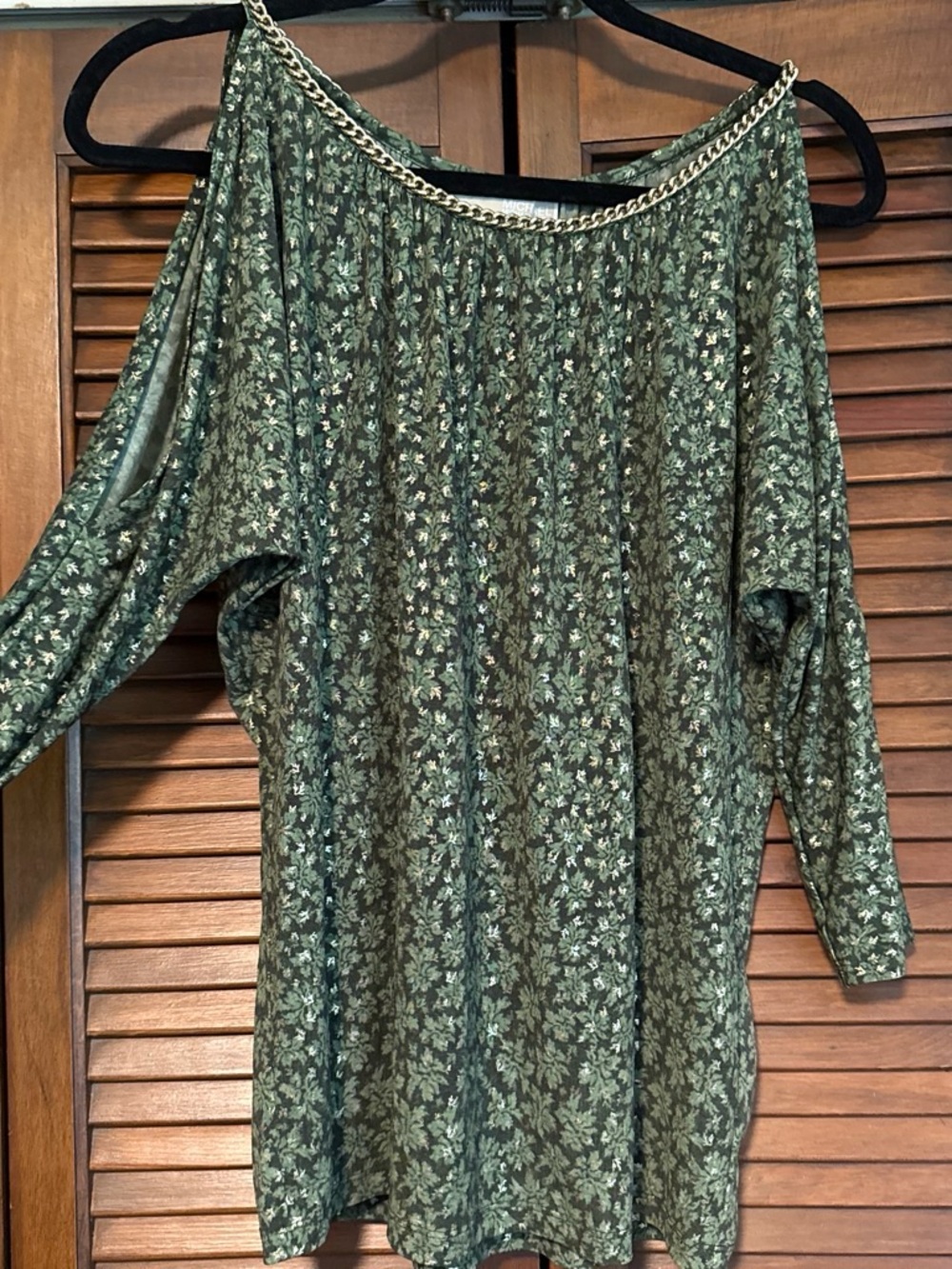 MICHAEL Michael Kors Olive Green Floral Cold-Shoulder Top with Chain Trim